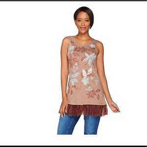 Logo by Lori Goldstein cotton tank with lace trim